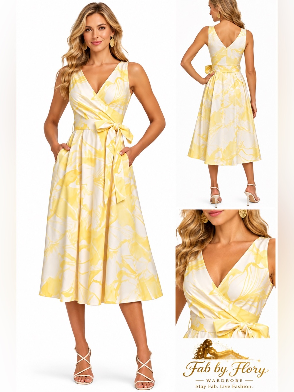 Donna Karan New York Floral Tie Waist Sleeveless Midi Dress Pockets NWT Sz 6